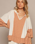 Tan POL Notched Frayed Edge Contrast Top