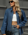 Button Down Collared Neck Long Sleeve Denim Top