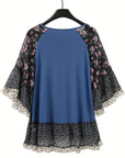 Dark Slate Blue Full Size Frill Printed Round Neck Half Sleeve Blouse