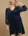 Umgee Dotted Lace Sleeve Tiered Velvet Mini Dress