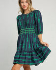 Umgee Ribbon Print Frill Contrast Velvet Trim Half Sleeve Dress