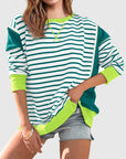 Slit Exposed Seam Striped Long Sleeve Sweatshirt