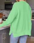 Dark Sea Green Slit Round Neck Dropped Shoulder Sweater