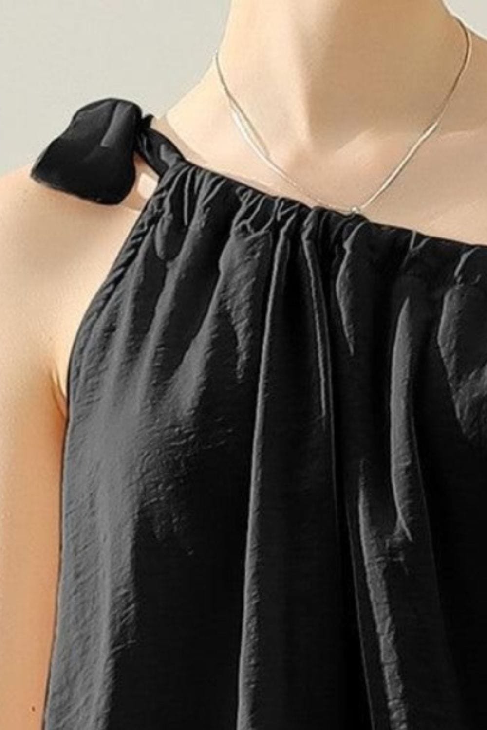 Dark Slate Gray Ninexis One Shoulder Bow Tie Strap Satin Silk Top