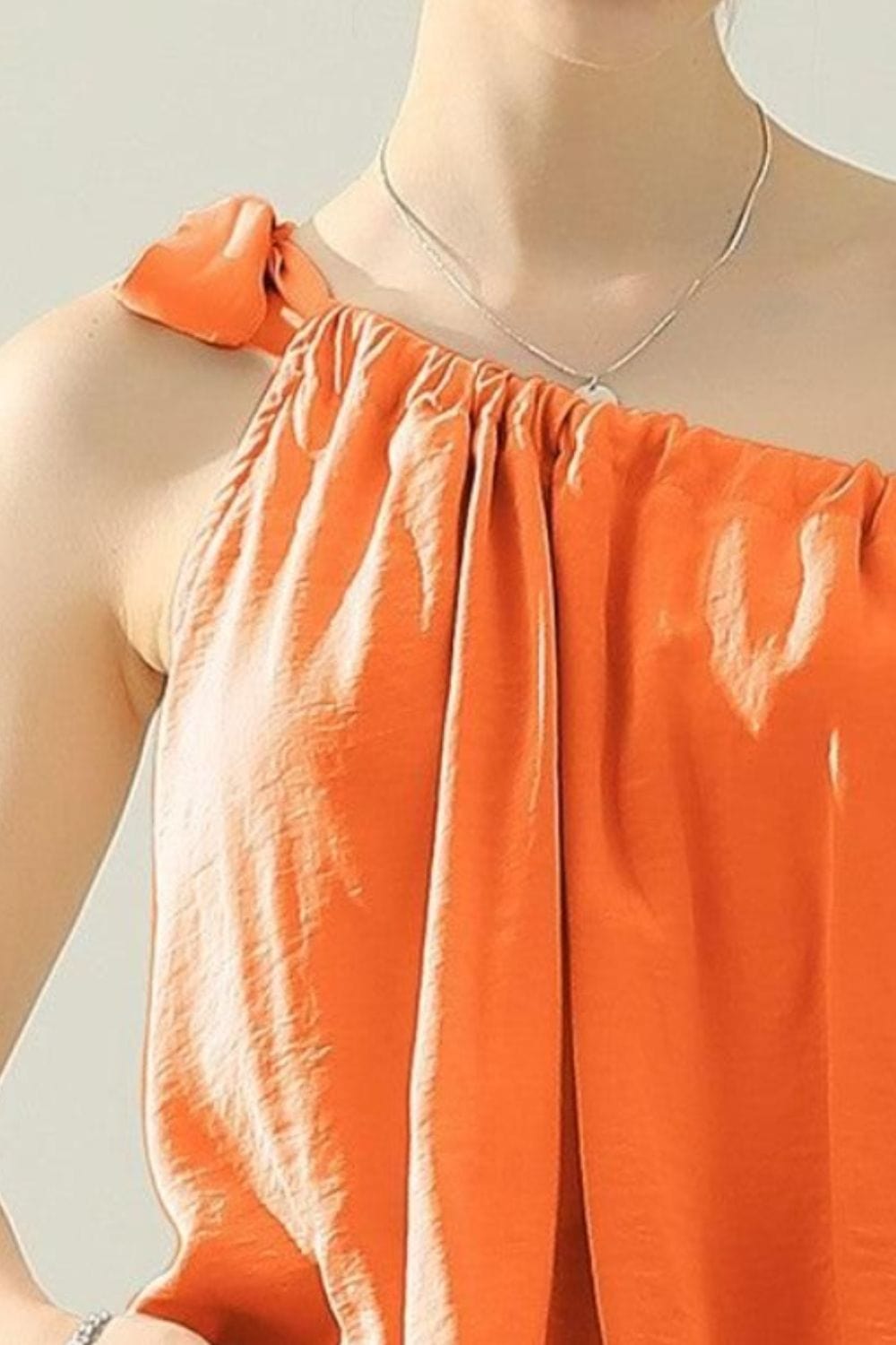 Coral Ninexis One Shoulder Bow Tie Strap Satin Silk Top