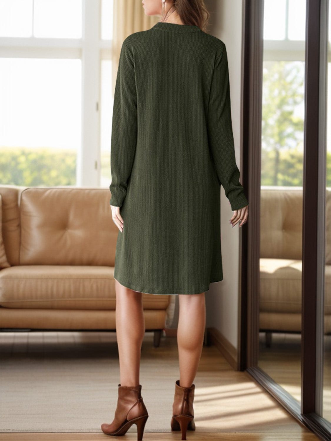 Notched Long Sleeve Mini Dress with Pockets