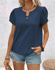 Dark Slate Gray Notched Short Sleeve Blouse