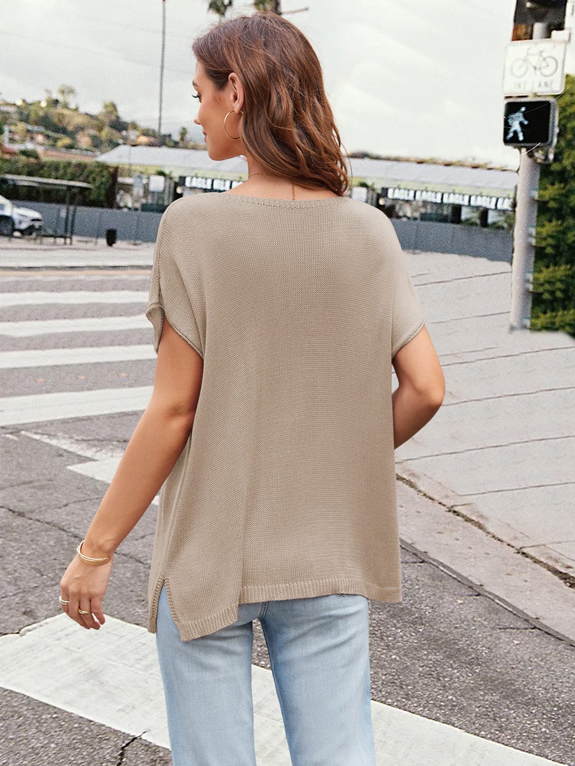 Notched Short Sleeve Knit Top