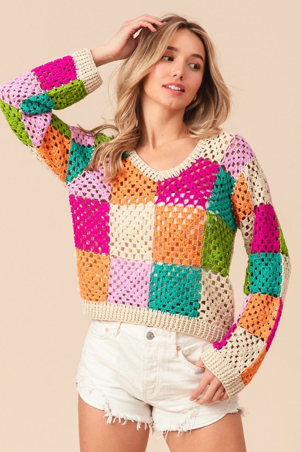 Wheat BiBi Multi Color Checkered Long Sleeve Knit Top