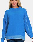 Royal Blue Zenana Exposed Seam Mock Neck Long Sleeve Sweater