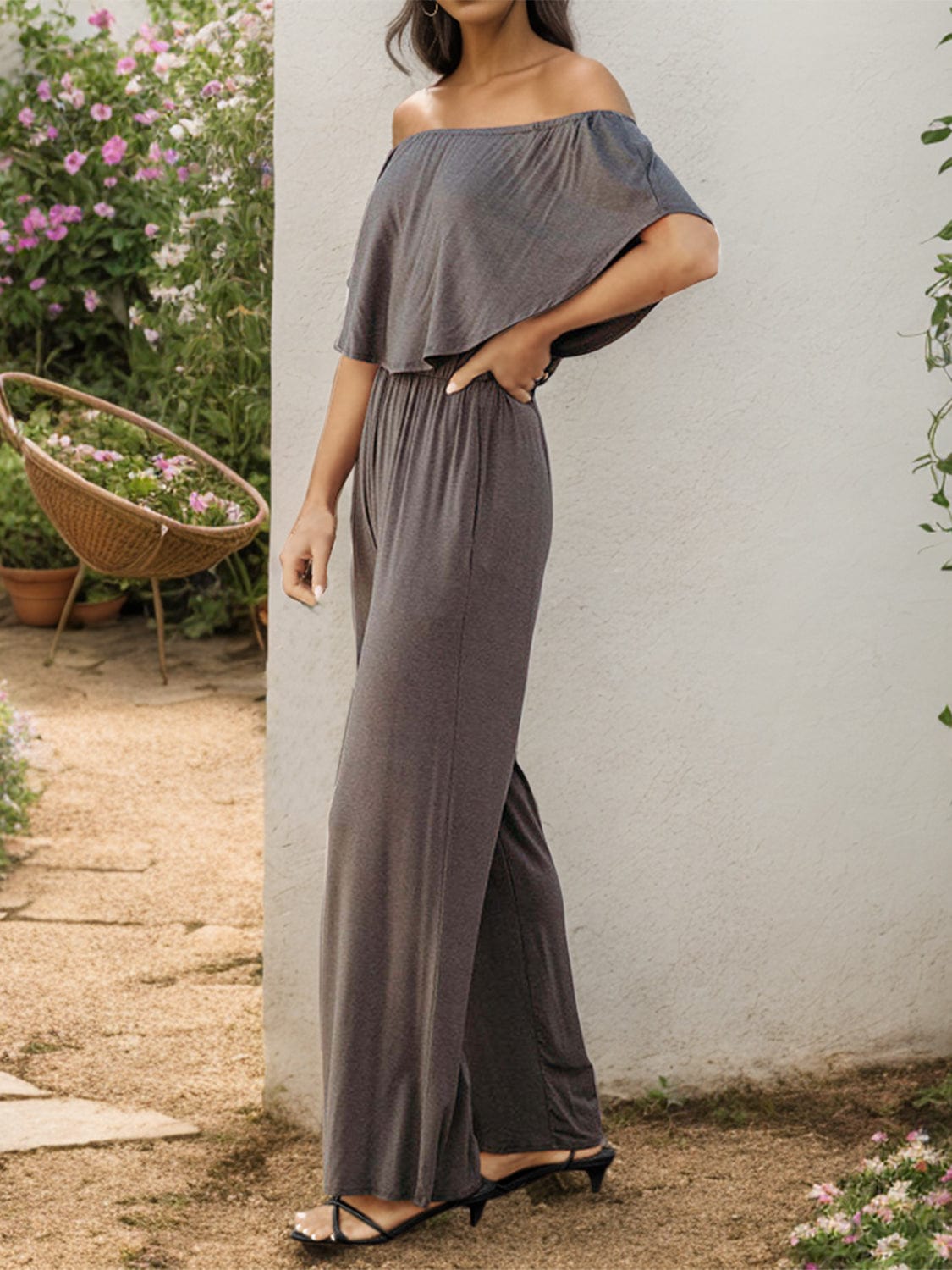 Gray Off-Shoulder Wide Leg Jumpsuit