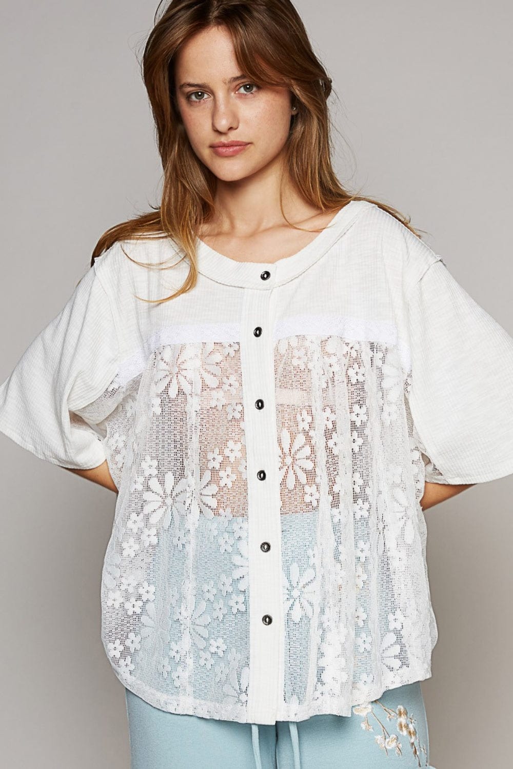 Gray POL Round Neck Short Sleeve Lace Top