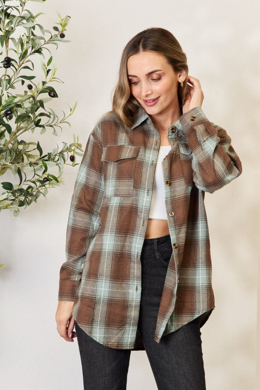 Light Gray Double Take Plaid Dropped Shoulder Shirt