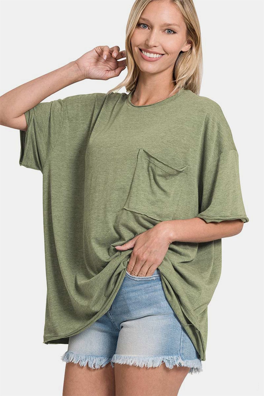 Rosy Brown Zenana Drop Shoulder Oversized Front Pocket T-Shirt