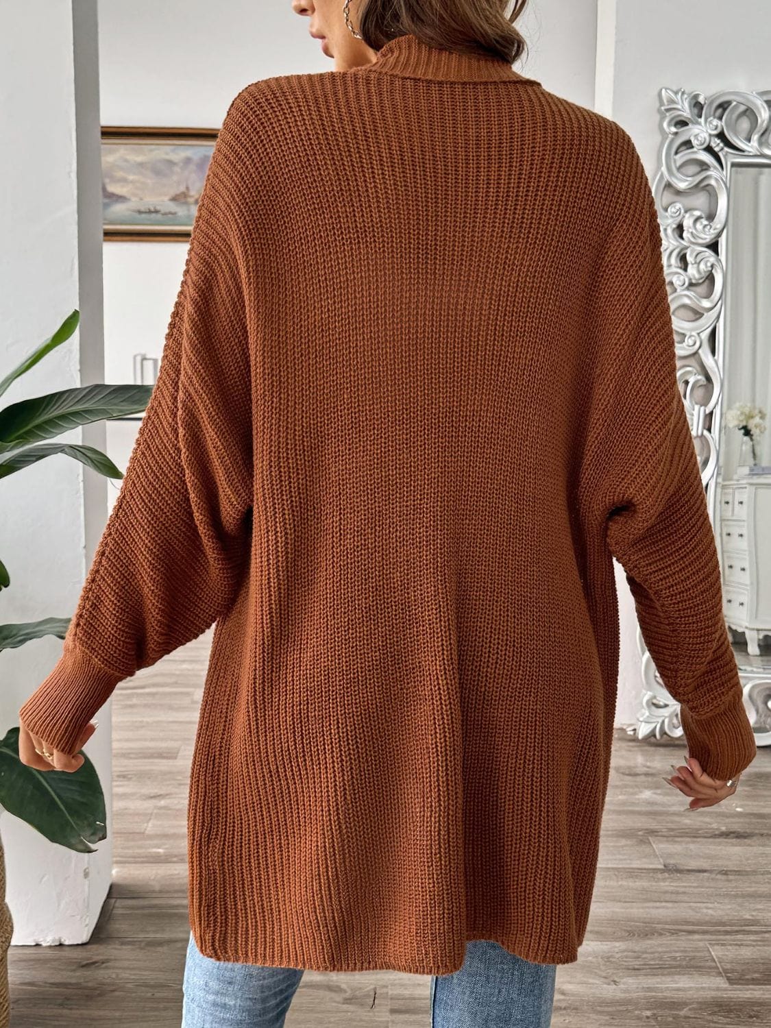 Saddle Brown Open Front Long Sleeve Cardigan