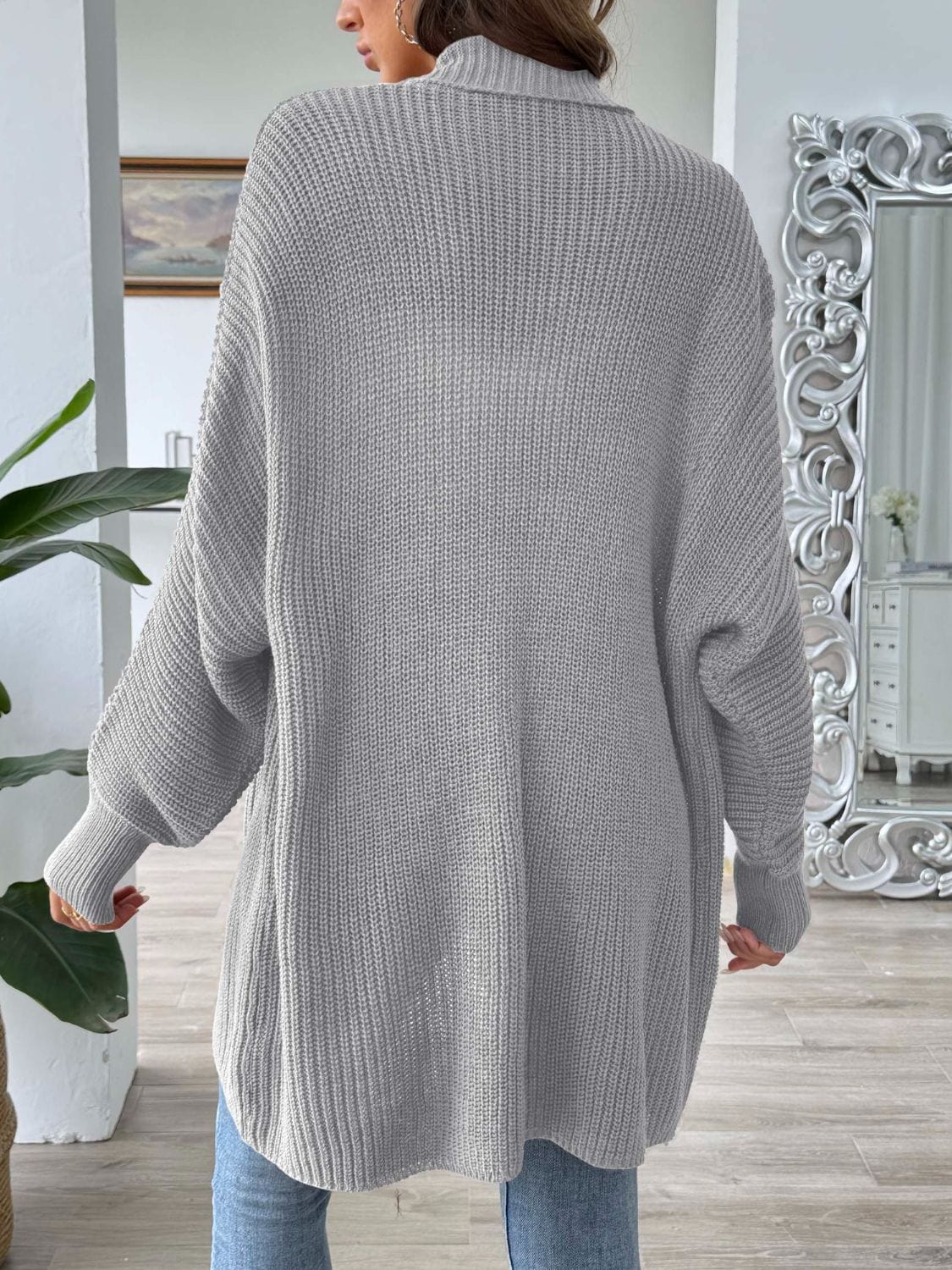 Dark Gray Open Front Long Sleeve Cardigan