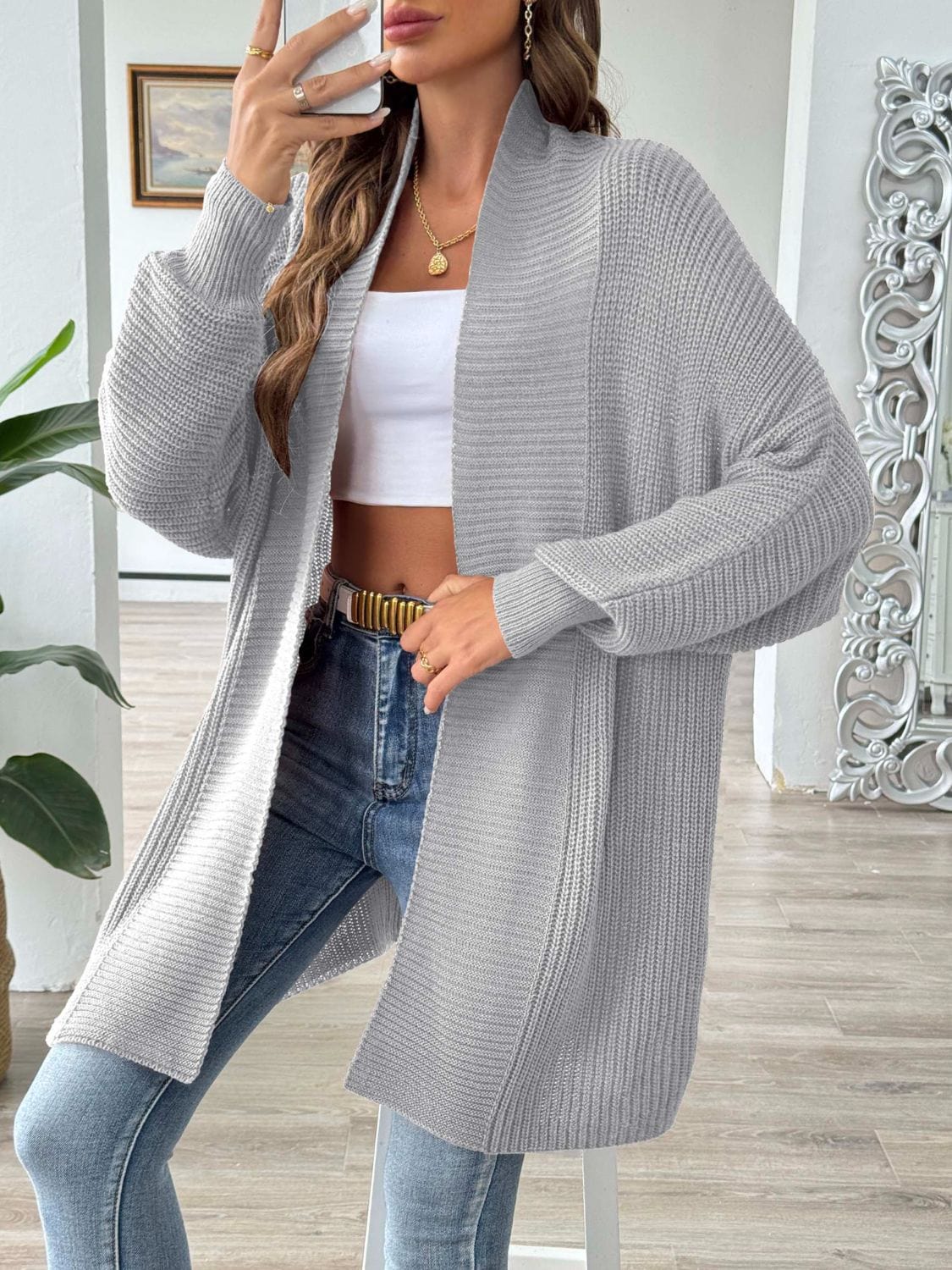 Gray Open Front Long Sleeve Cardigan