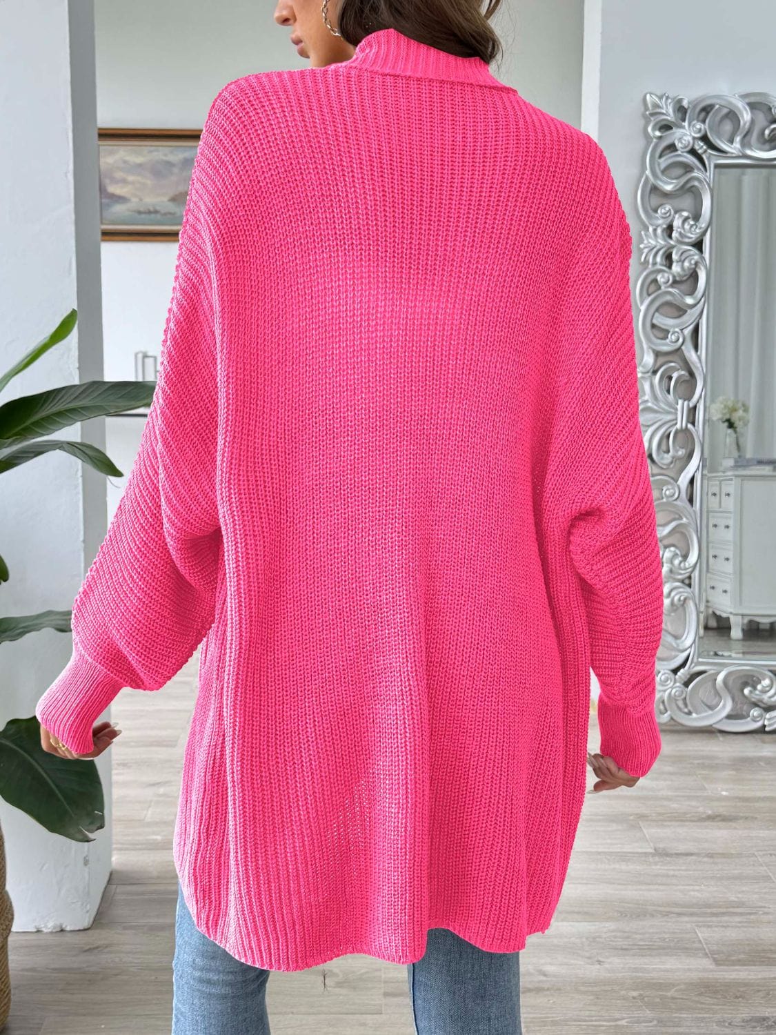 Pale Violet Red Open Front Long Sleeve Cardigan