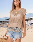 Light Gray Openwork Cap Sleeve Knit Cover Up with Tassel