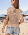 Light Gray Openwork Cap Sleeve Knit Cover Up with Tassel