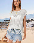 Light Gray Openwork Cap Sleeve Knit Cover Up with Tassel