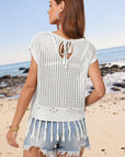 Light Gray Openwork Cap Sleeve Knit Cover Up with Tassel