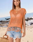 Light Gray Openwork Cap Sleeve Knit Cover Up with Tassel