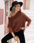 Openwork Mock Neck Dropped Shoulder Sweater