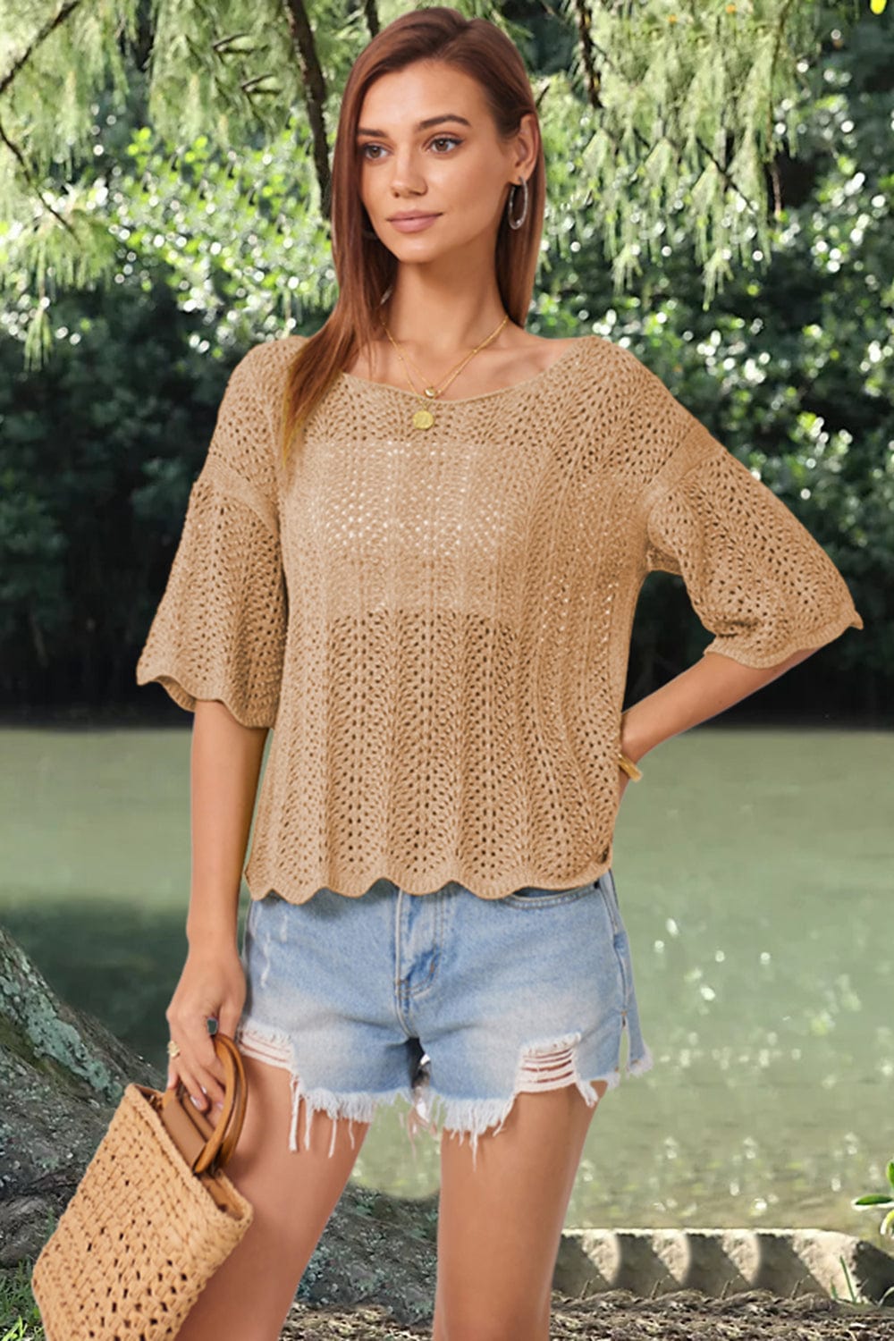 Rosy Brown Openwork Round Neck Half Sleeve Knit Top