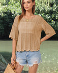 Rosy Brown Openwork Round Neck Half Sleeve Knit Top