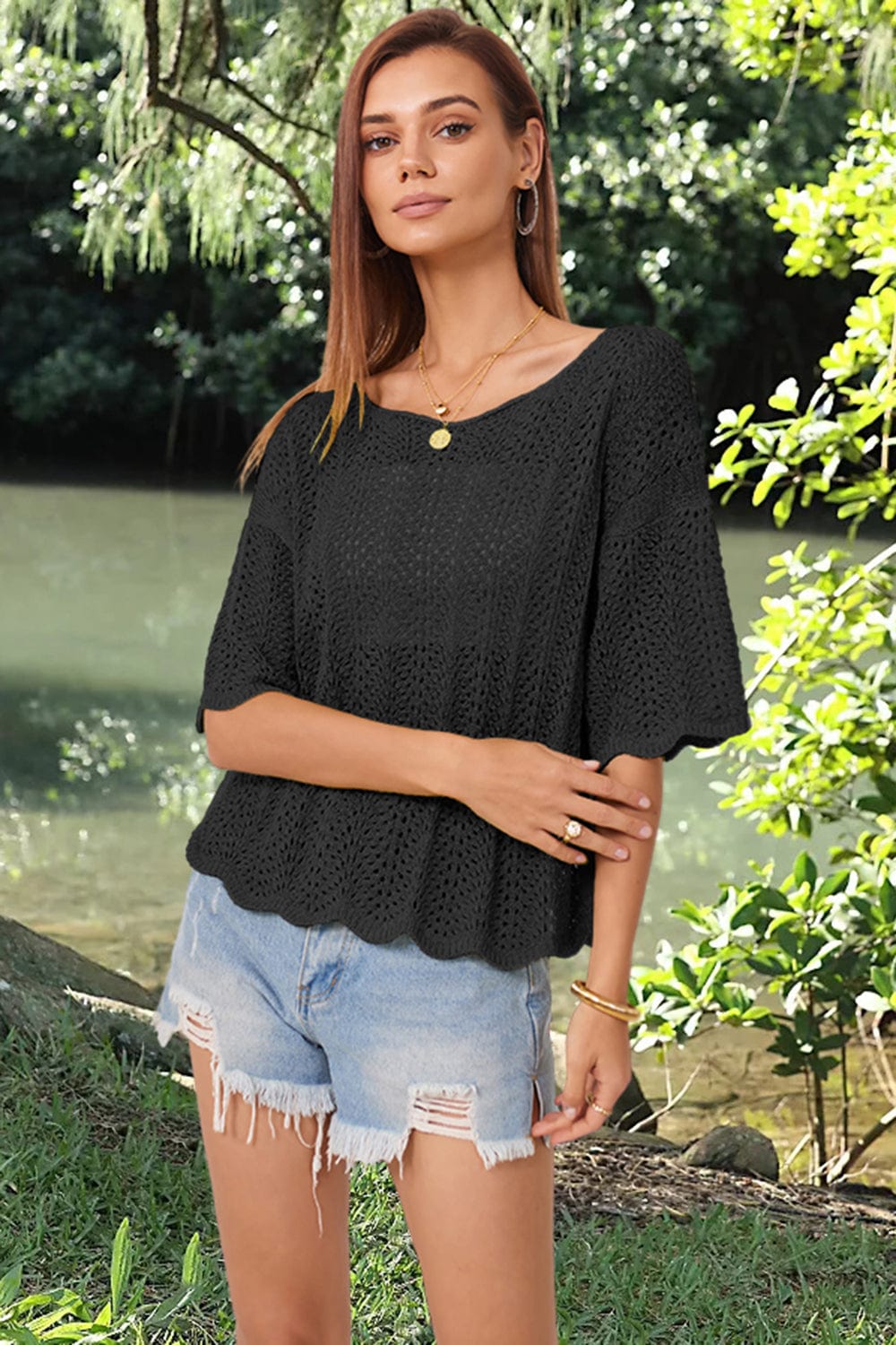 Dark Slate Gray Openwork Round Neck Half Sleeve Knit Top