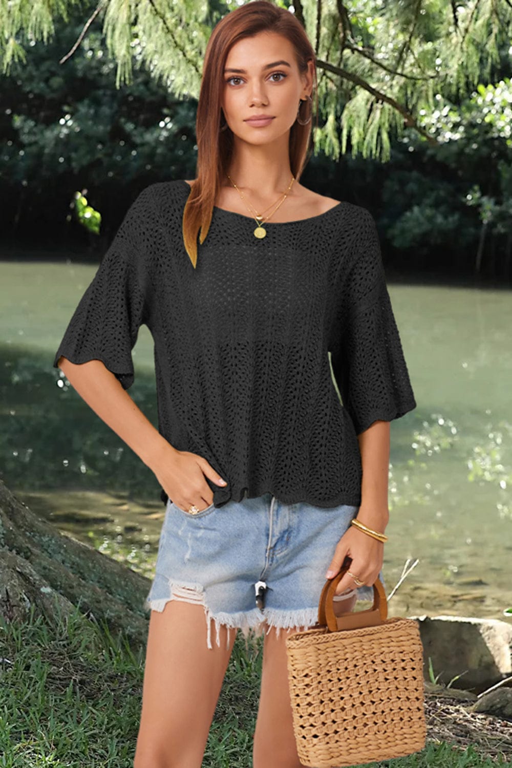 Dark Slate Gray Openwork Round Neck Half Sleeve Knit Top