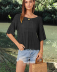 Dark Slate Gray Openwork Round Neck Half Sleeve Knit Top