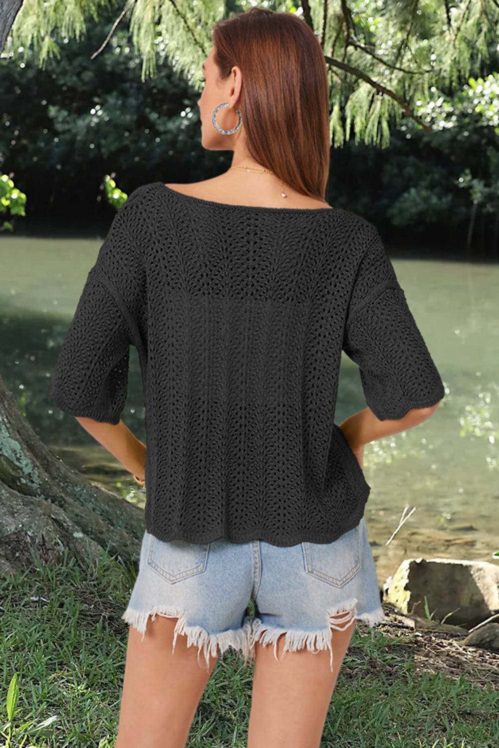 Dark Slate Gray Openwork Round Neck Half Sleeve Knit Top