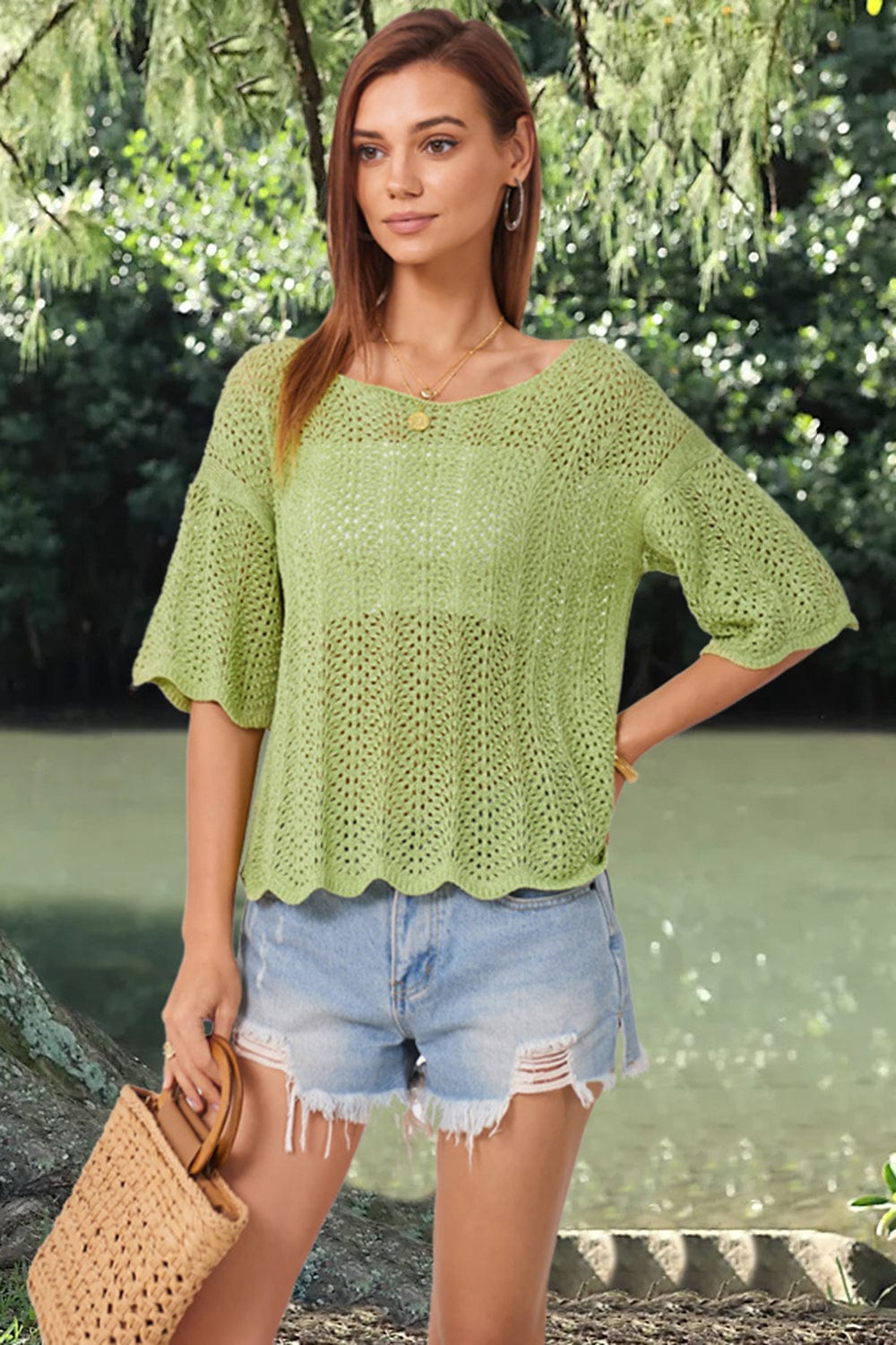 Dark Khaki Openwork Round Neck Half Sleeve Knit Top