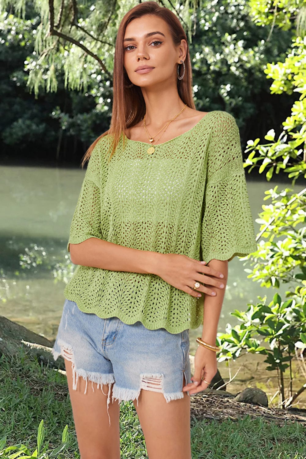 Dark Khaki Openwork Round Neck Half Sleeve Knit Top