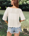 Gray Openwork Round Neck Half Sleeve Knit Top