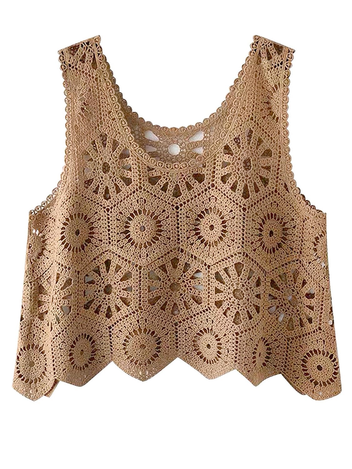 Rosy Brown Openwork Round Neck Knit Vest