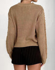 Rosy Brown Openwork Round Neck Long Sleeve Sweater