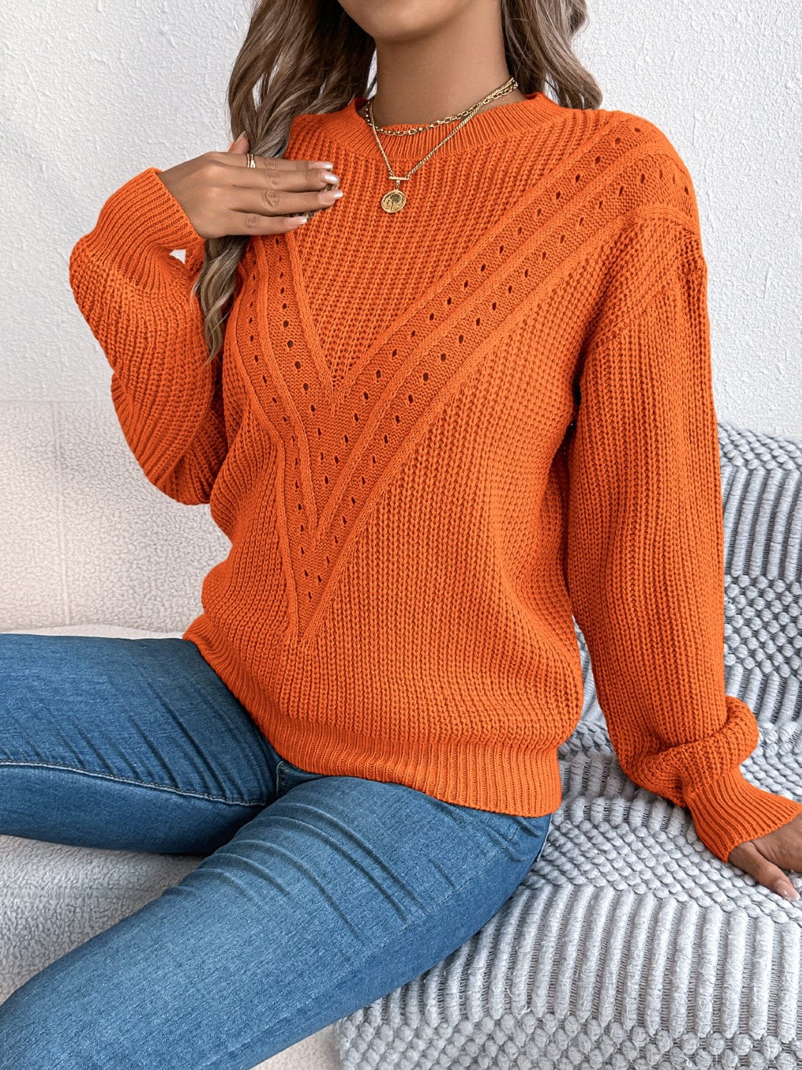 Openwork Round Neck Long Sleeve Sweater