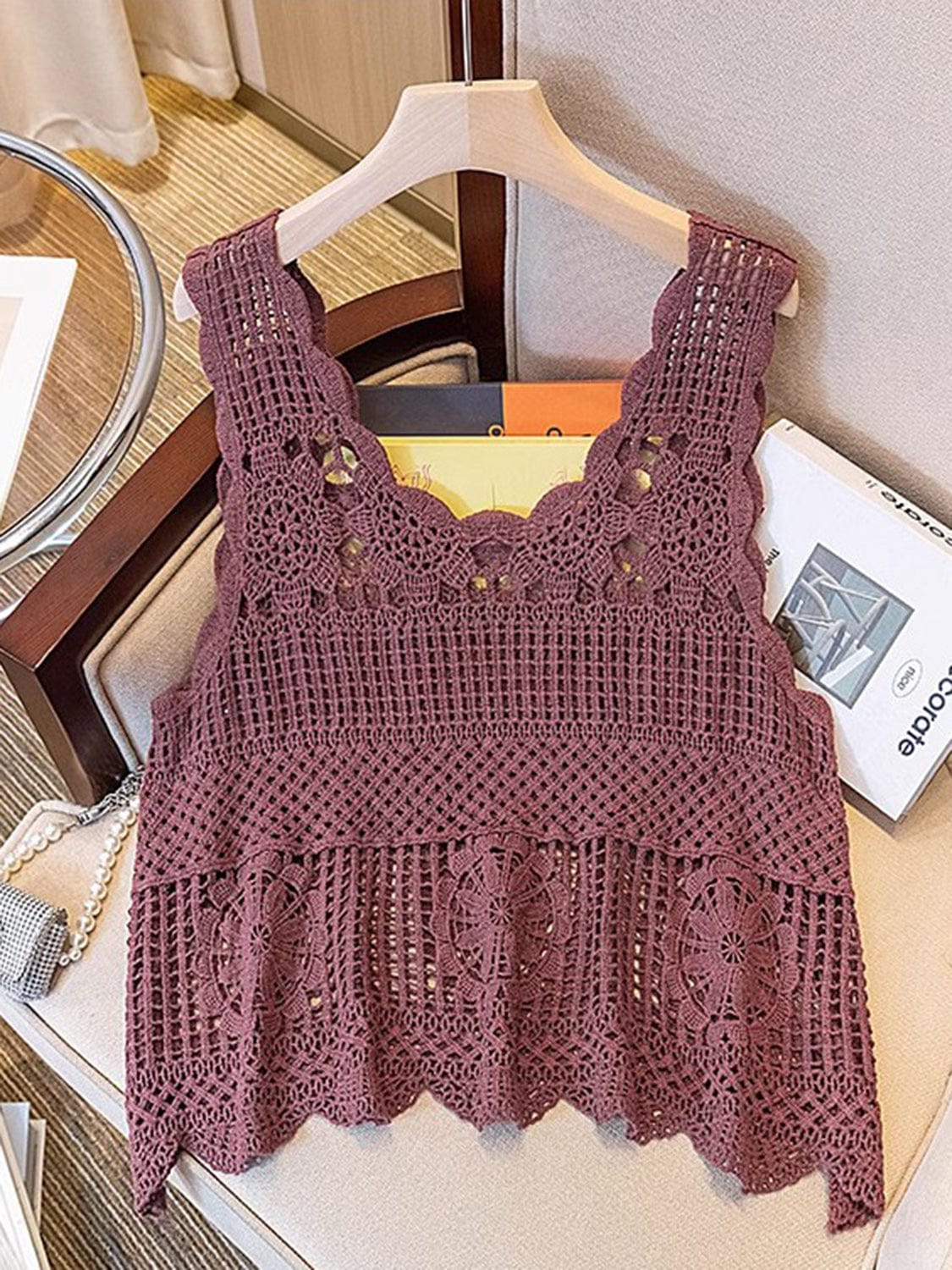 Rosy Brown Openwork Scoop Neck Tank