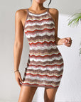 Light Gray Openwork Striped Spaghetti Strap Knit Dress