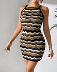 Gray Openwork Striped Spaghetti Strap Knit Dress