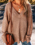 Rosy Brown Openwork V-Neck Dropped Shoulder Sweater