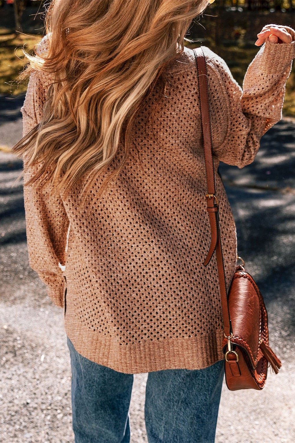 Sienna Openwork V-Neck Dropped Shoulder Sweater