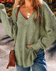 Dim Gray Openwork V-Neck Dropped Shoulder Sweater