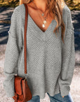 Rosy Brown Openwork V-Neck Dropped Shoulder Sweater