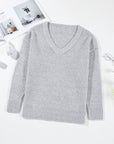 Light Gray Openwork V-Neck Dropped Shoulder Sweater