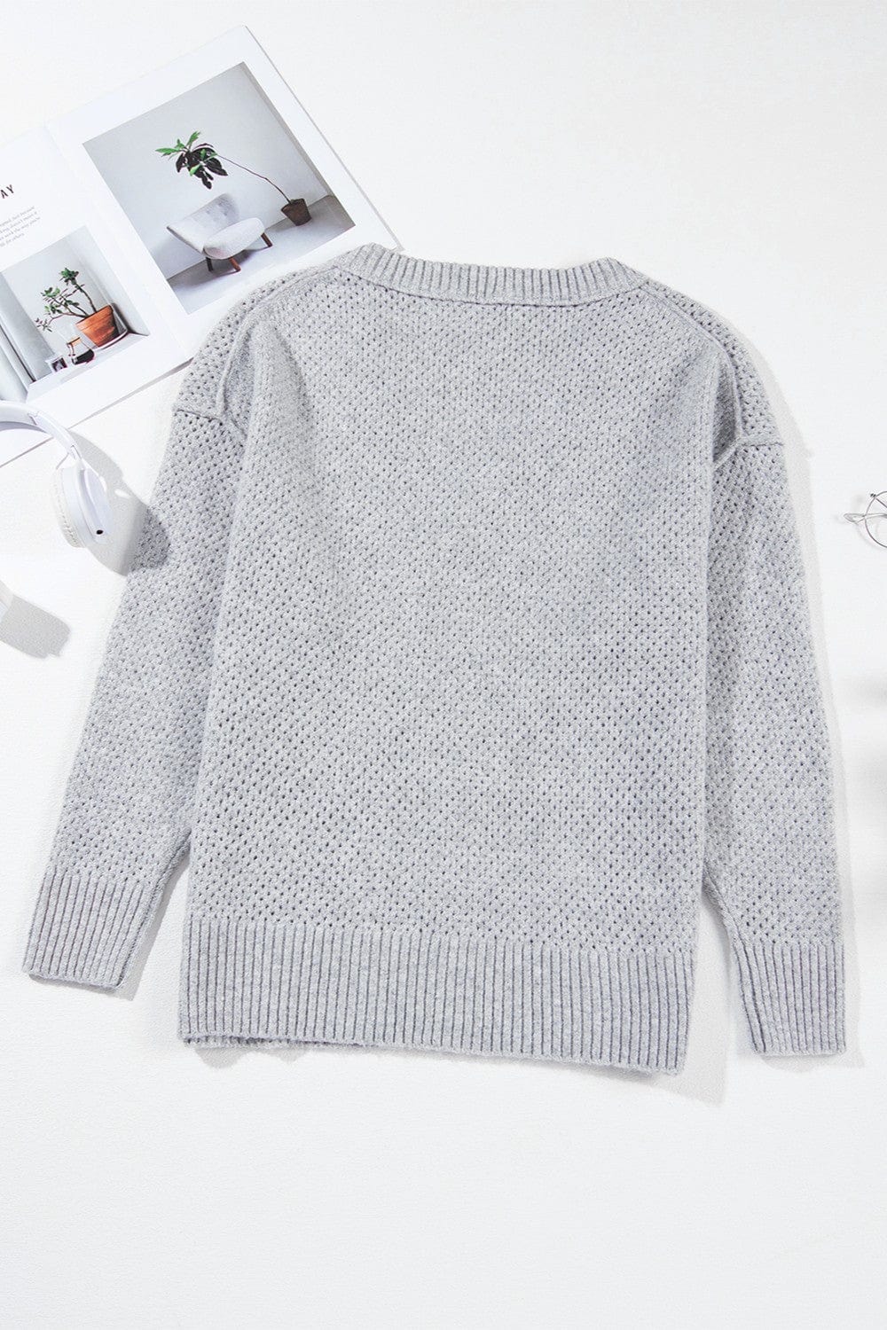 Light Gray Openwork V-Neck Dropped Shoulder Sweater