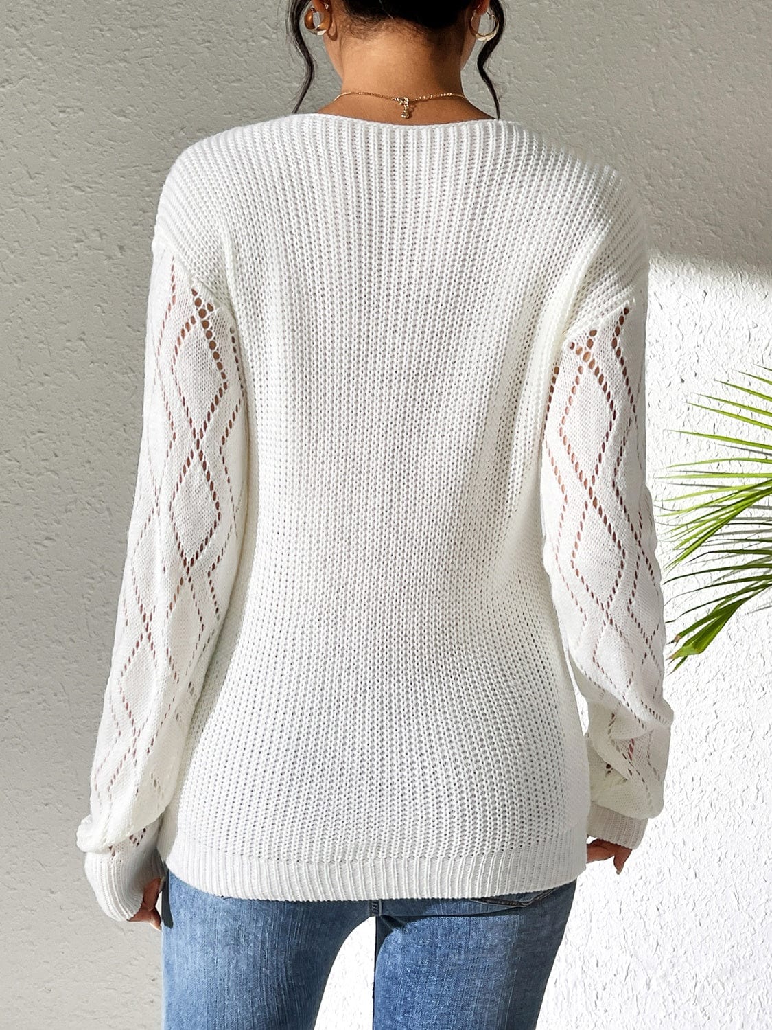 Gray Openwork V-Neck Long Sleeve Sweater